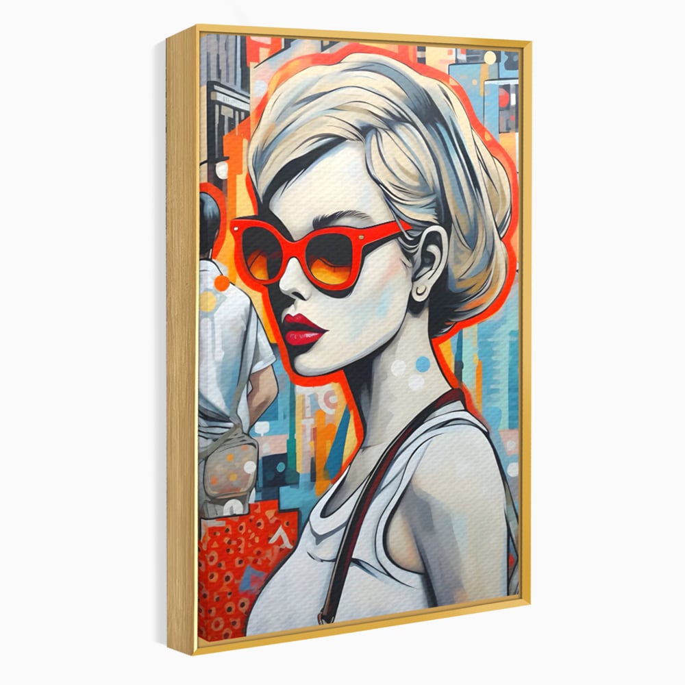 Tablou canvas cu tablou canvas cu portret stilizat de femeie, in rama de aluminiu auriu